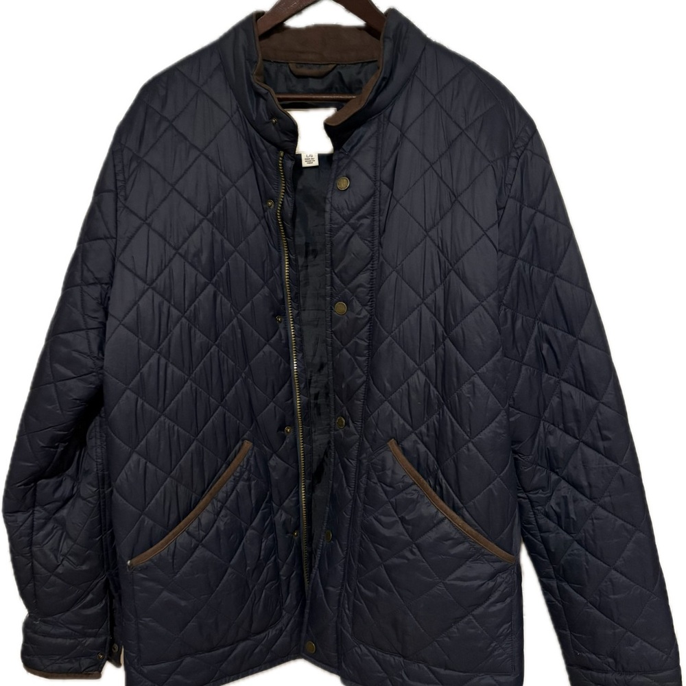 Weatherproof Quilted Navy Puffer Jacket with Brown Trim